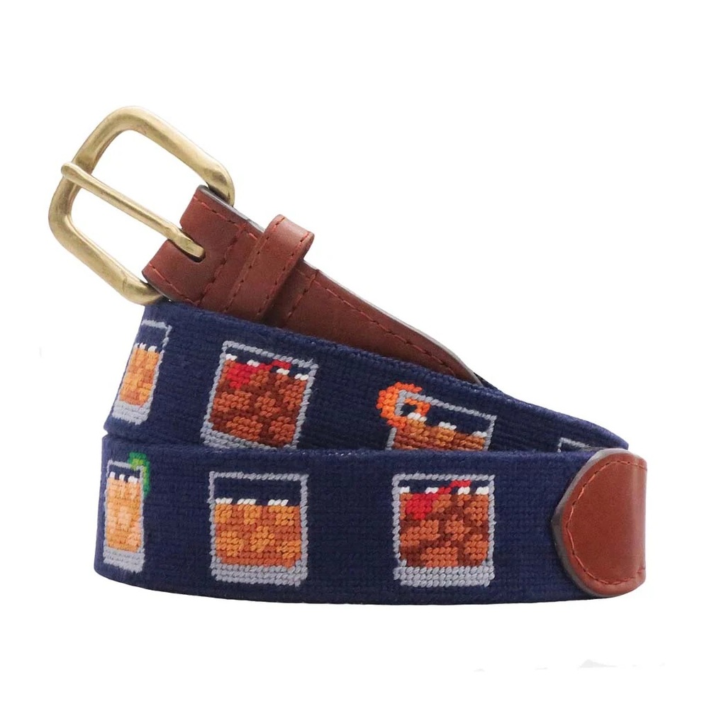 Southern Tide Blue Needlepoint Belt with Drink Designs